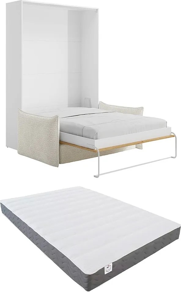 Łóżko chowane w szafie 160 x 200 cm - Ręczne otwieranie pionowe - Naturalny i biały + kanapa + Materac - BEGANIO