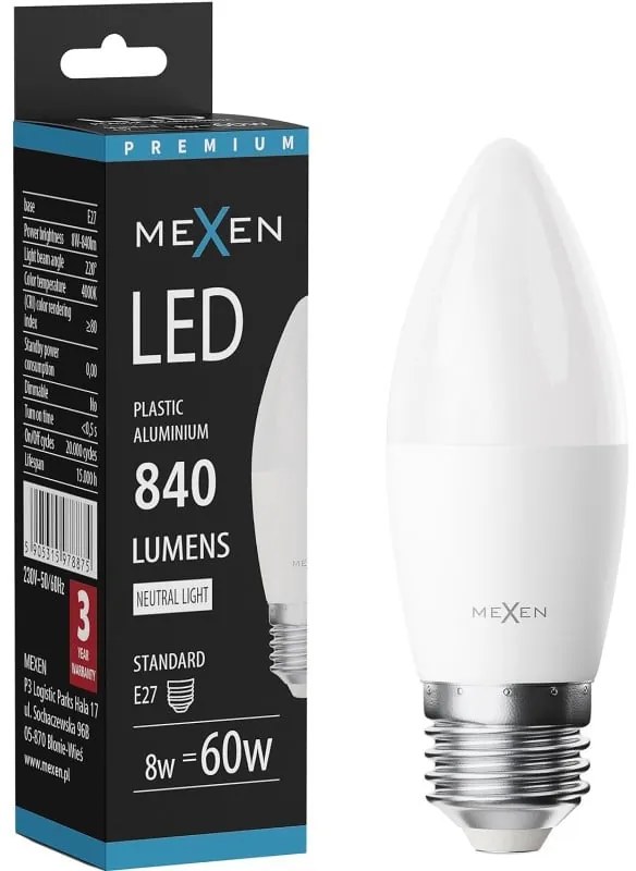 Mexen Nova żarówka LED E27, C37, 8W, Neutralna - 4000K, 840 lm - L102-E27-0840-01