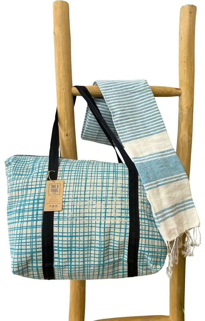 Stylowy zestaw torby plażowej + ręcznika plażowego HAMAM 75x150 cm, turkusowy, 100% bawełna organiczna