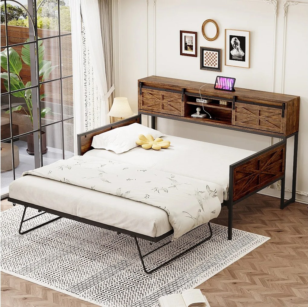 Łóżko dziecięce 90x200 cm / 90x190 cm - łóżko wysuwane z gniazdkiem wielofunkcyjnym i drzwiami przesuwnymi - brązowe