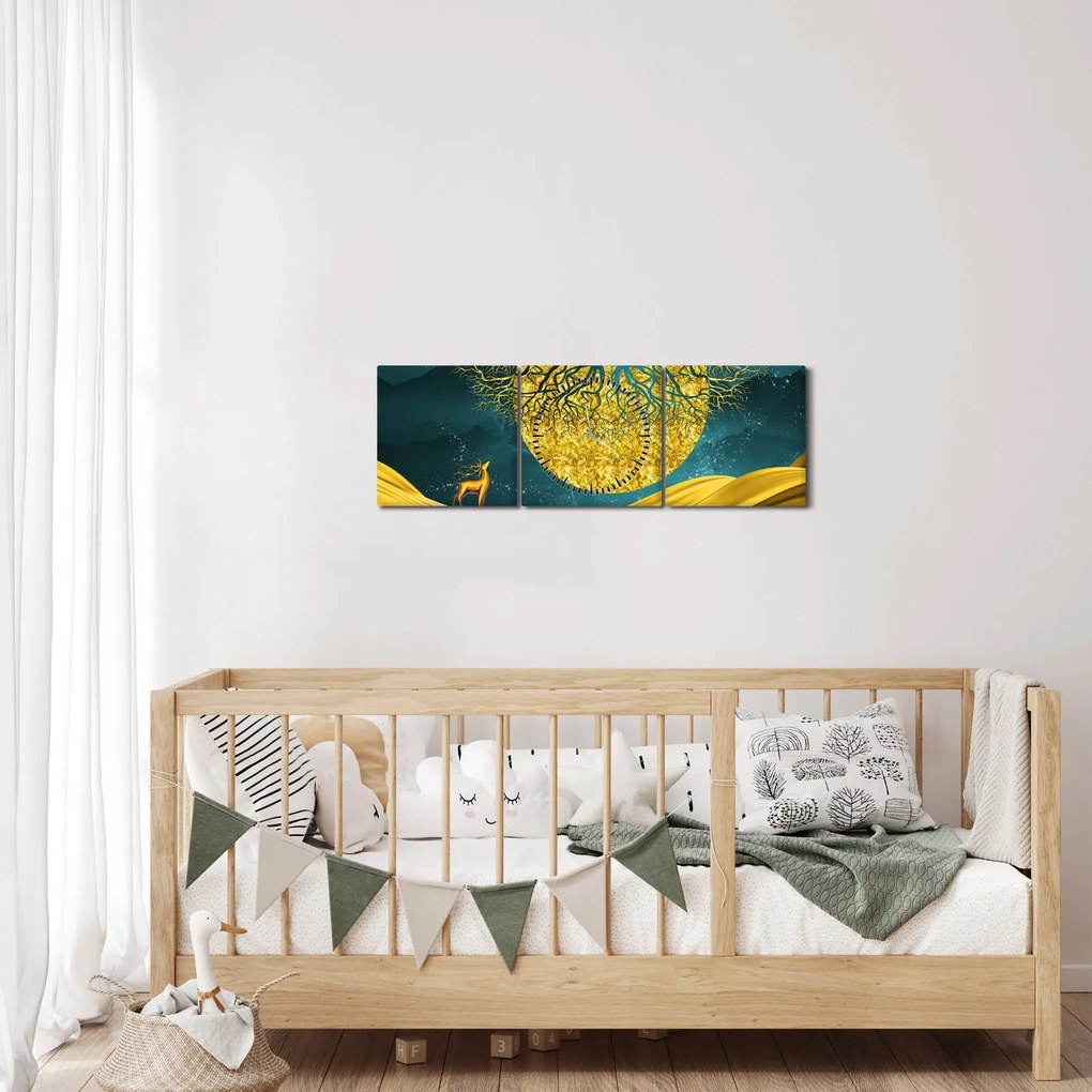 Obraz - Abstrakcja, złoty krajobraz (z zegarem) (90x30 cm)