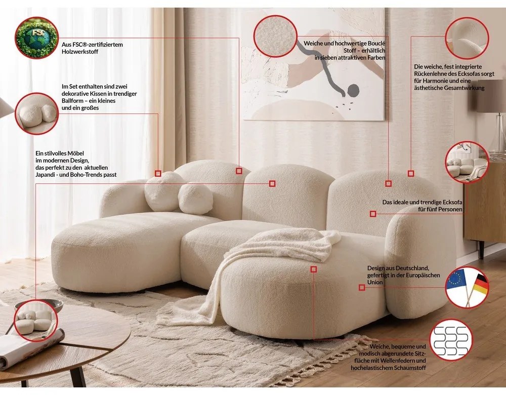 Jasnobrązowy narożnik z materiału bouclé (w kształcie litery U) Orbit – Ropez