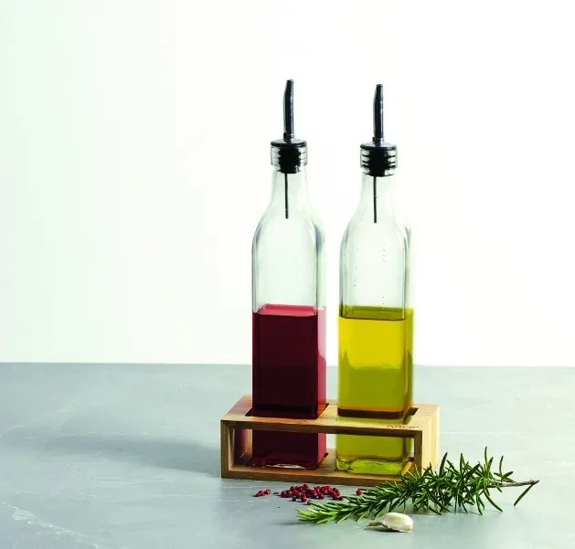 Butelki na olej i ocet w bambusowym stojaku GUSTO, 2x 480 ml