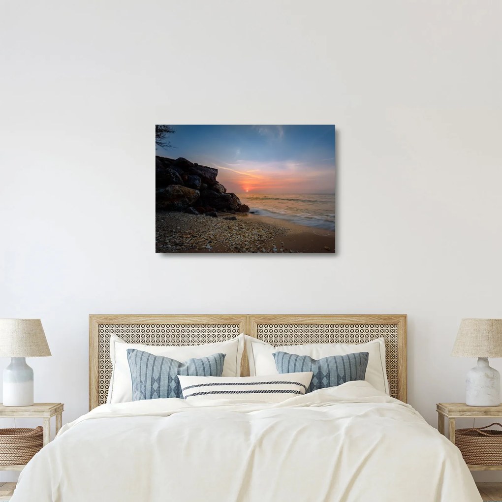 Obraz na szkle - zachód słońca na plaży (70x50 cm)