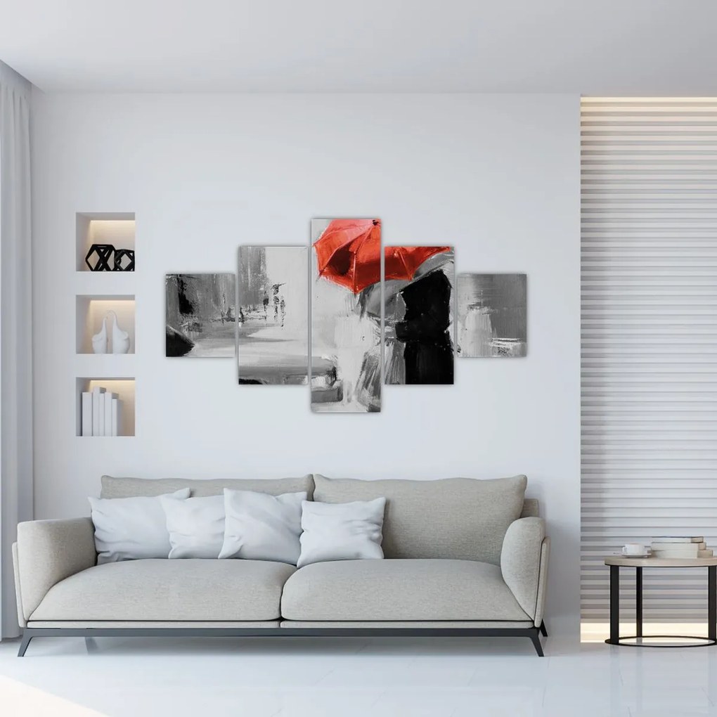 Obraz - Zakochana para pod parasolem, czerwony (125x70 cm)
