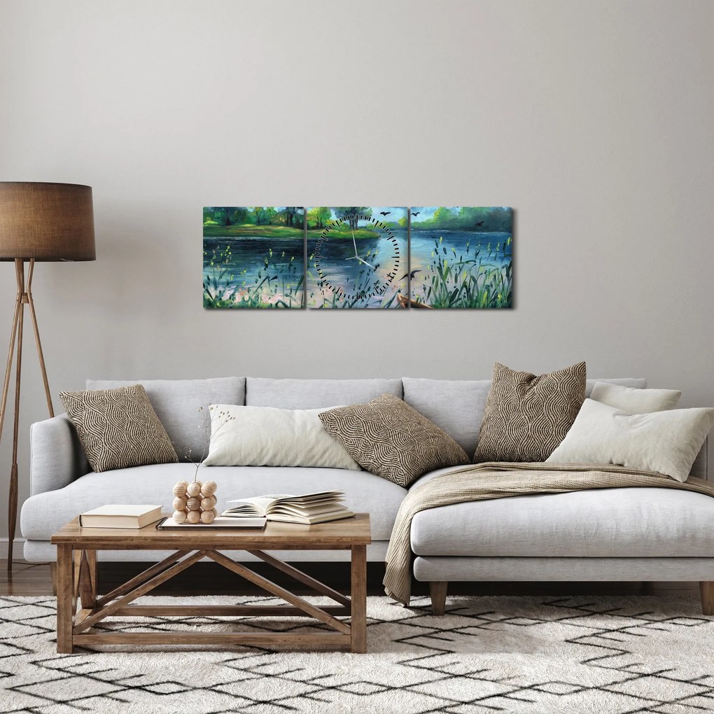 Obraz - Obraz olejny, Wczesny letni wieczór nad jeziorem (z zegarem) (90x30 cm)