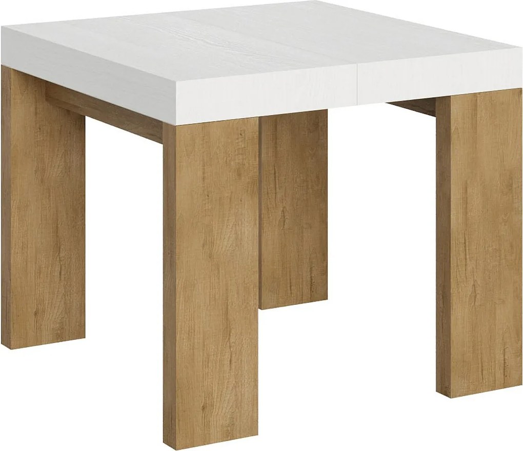 Stół rozkładany 90x90/246 cm Roxell Mix Biały jesionowy blat - Nogi z naturalnego dębu