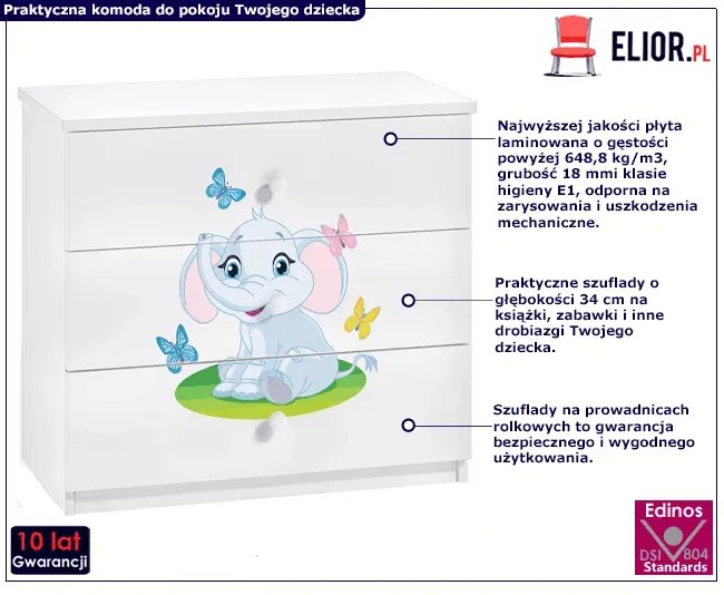 Biała komoda dziecięca ze słonikiem - Rostok 10X