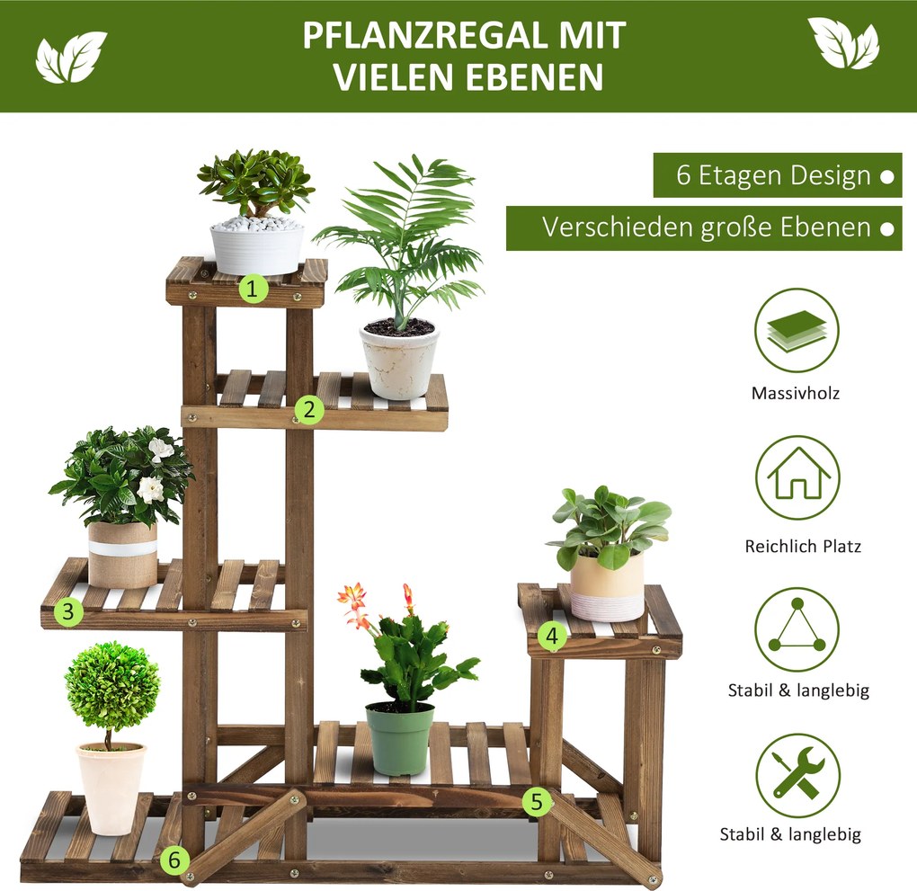 Outsunny Stojak na kwiaty 6 półek Drewniany kwietnik Karbonizowane drewno 98x28x96 5cm Dekoracja | Aosom PL