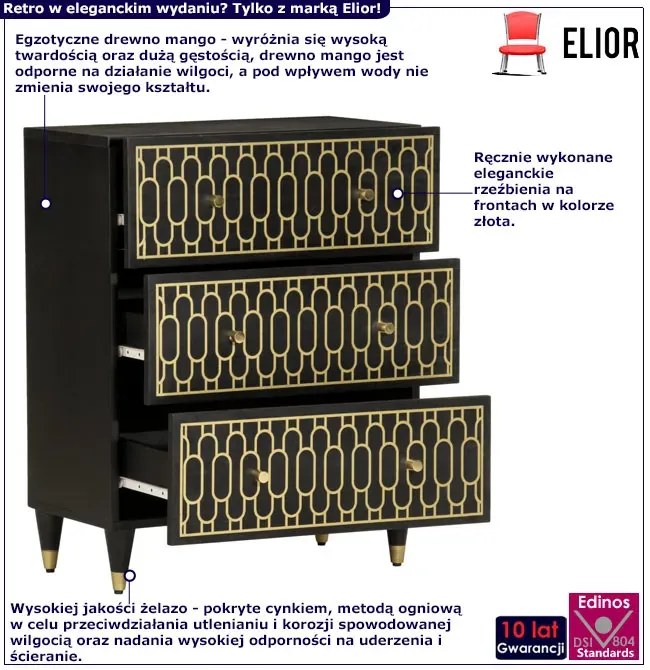 Czarna drewniana komoda retro z 3 szufladami C3-H19