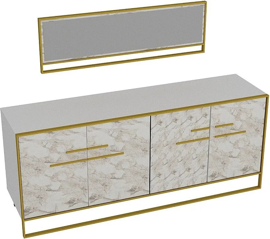 Nowoczesna komoda z lustrem, w kolorze złotym i białym, 179,9 x 75 x 47,3 cm | Powłoka w 100% melaminowa, grubość 18 mm, do montażu na ścianie, efekto
