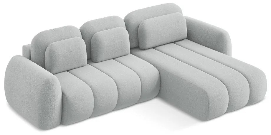 Jasnoszary rozkładany narożnik z materiału bouclé ze schowkiem (prawostronny/z szezlongiem) Pele – Makamii