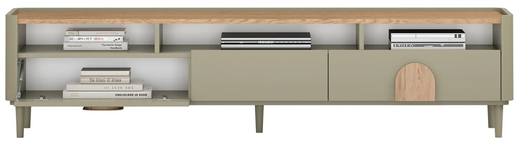 Szafka RTV Amilio 200 cm z szufladami na nóżkach - eukaliptus / dąb baltic dune / uchwyty dąb naturalny
