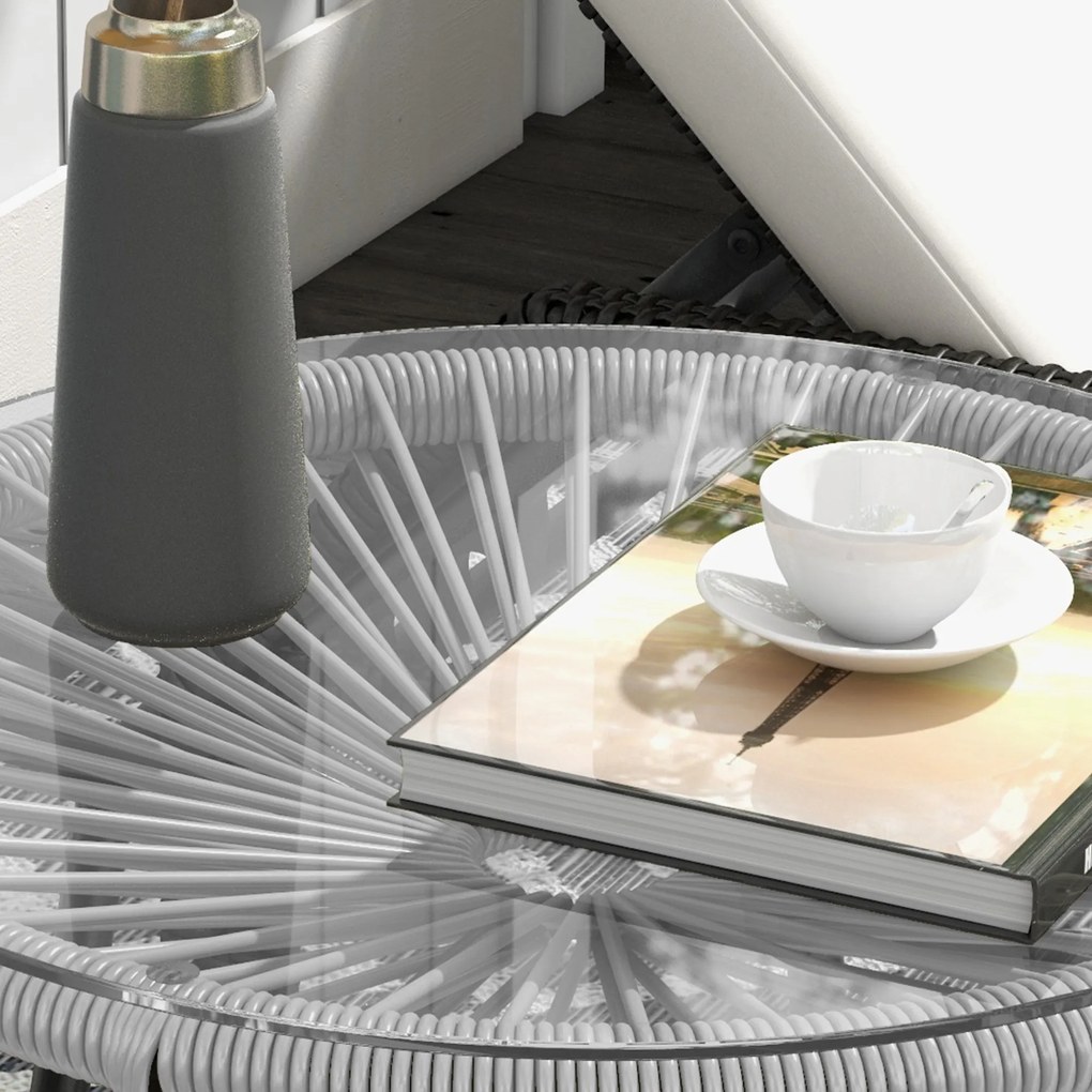 Outsunny Stolik Boczny Rattanowy Bistro Kawowy Blat ze Szkła Okrągły Czarno-Szary Taras Balkon | Aosom PL