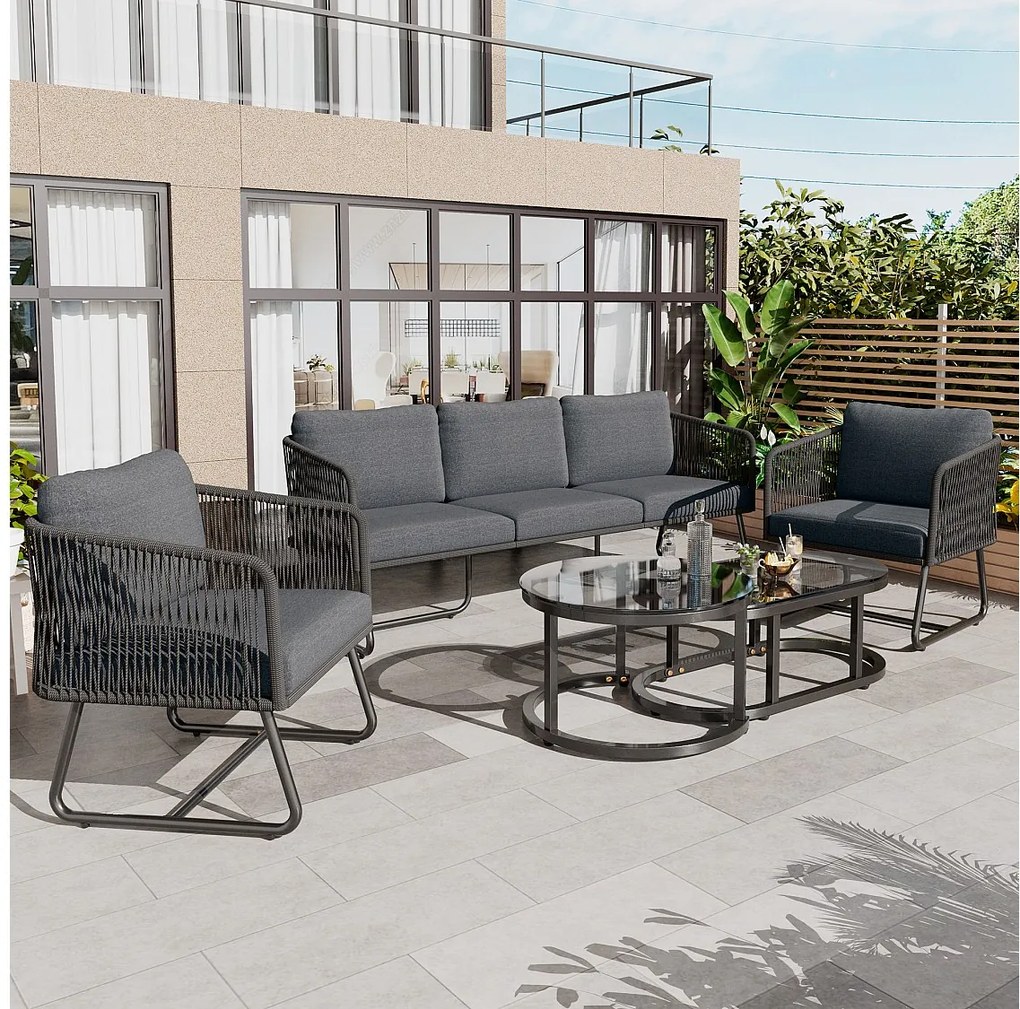 Zestaw mebli ogrodowych modułowych z ocynkowanego żelaza: 1 sofa 3-osobowa + 2 fotele + stoliki kawowe - Szary