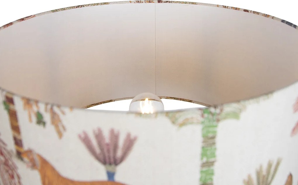 Drewniana lampa podłogowa na trójnogu z wielokolorowym abażurem w zwierzęce wzory 50 cm - Lou