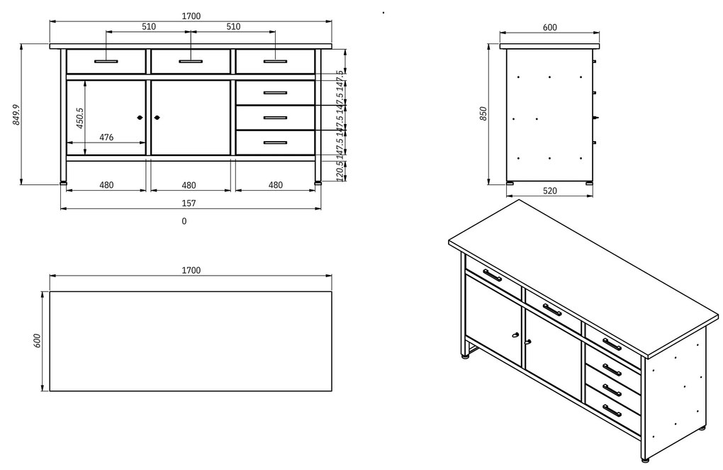 Stół warsztatowy HENRY, 1700 x 850 x 600 mm, antracytowo-czerwony