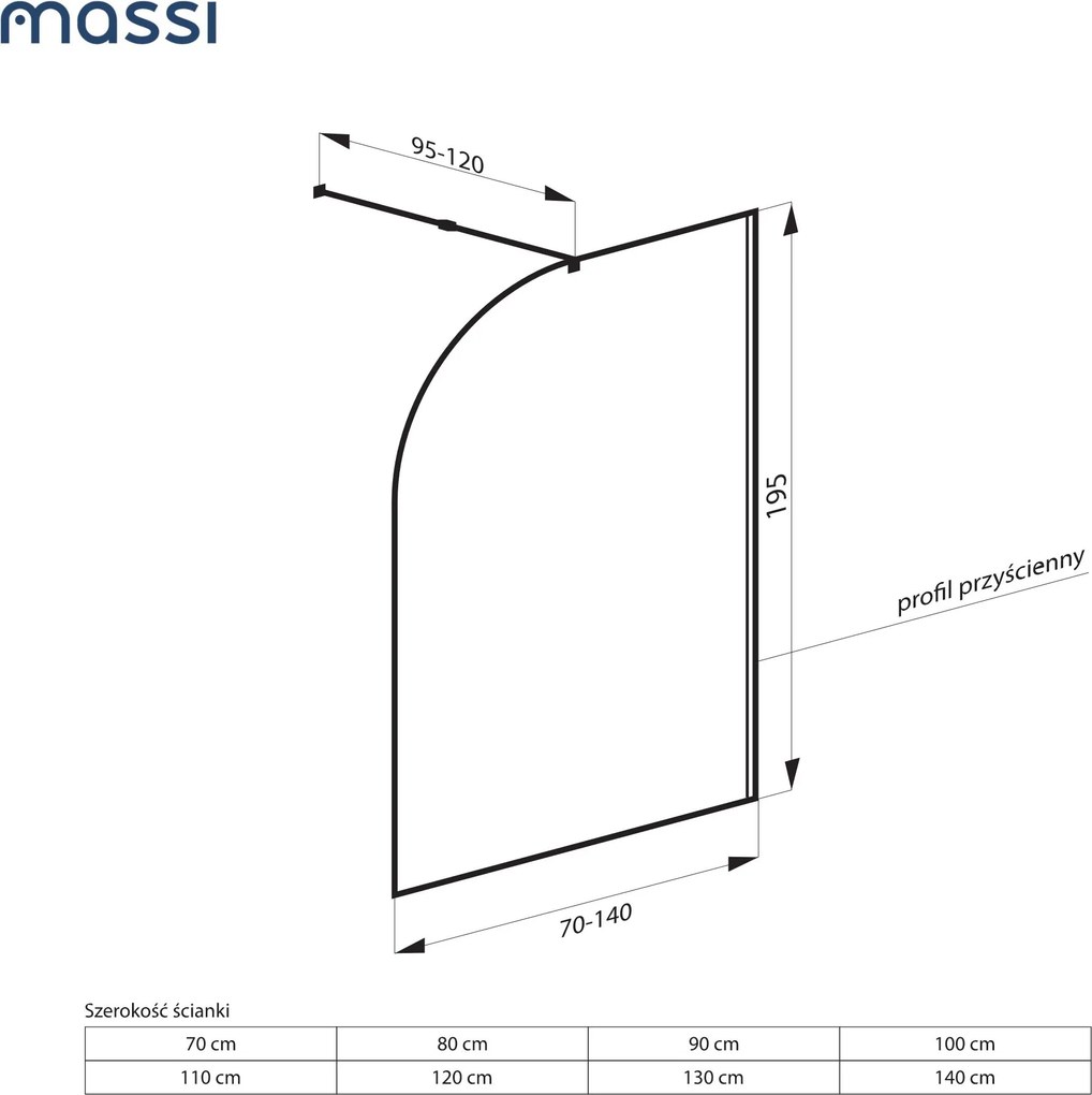 Ścianka prysznicowa WALK IN FIX niebieska półokrągła 8mm MOLIS NATURE blue moon MASSI |różne rozmiary : Kolor profili kabiny - złoty, Szerokość ścianki - 90 cm , Typ montażu - WALK in FIX (Do ściany)