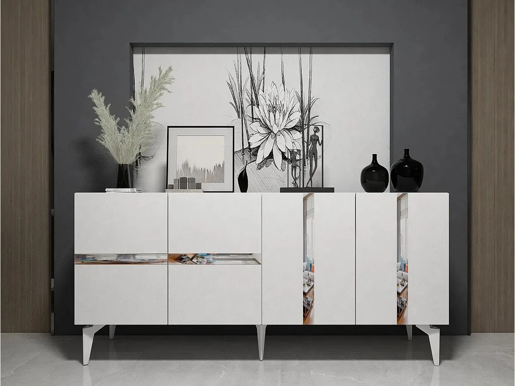 Elegancka komoda – 150 x 40 x 79 cm – Kolor biały i srebrny – Płyta wiórowa pokryta melaminą