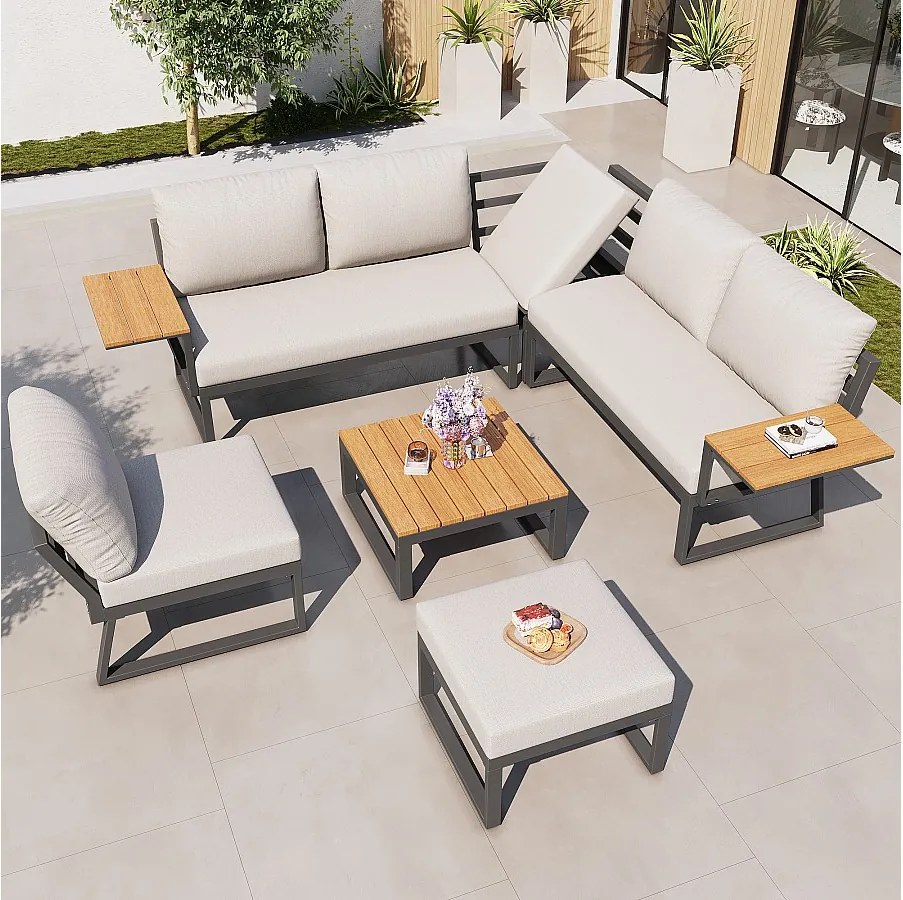 Zestaw mebli ogrodowych 7-osobowy - z rozkładaną sofą + fotelami + stołem + pufą - metalowy - beżowy