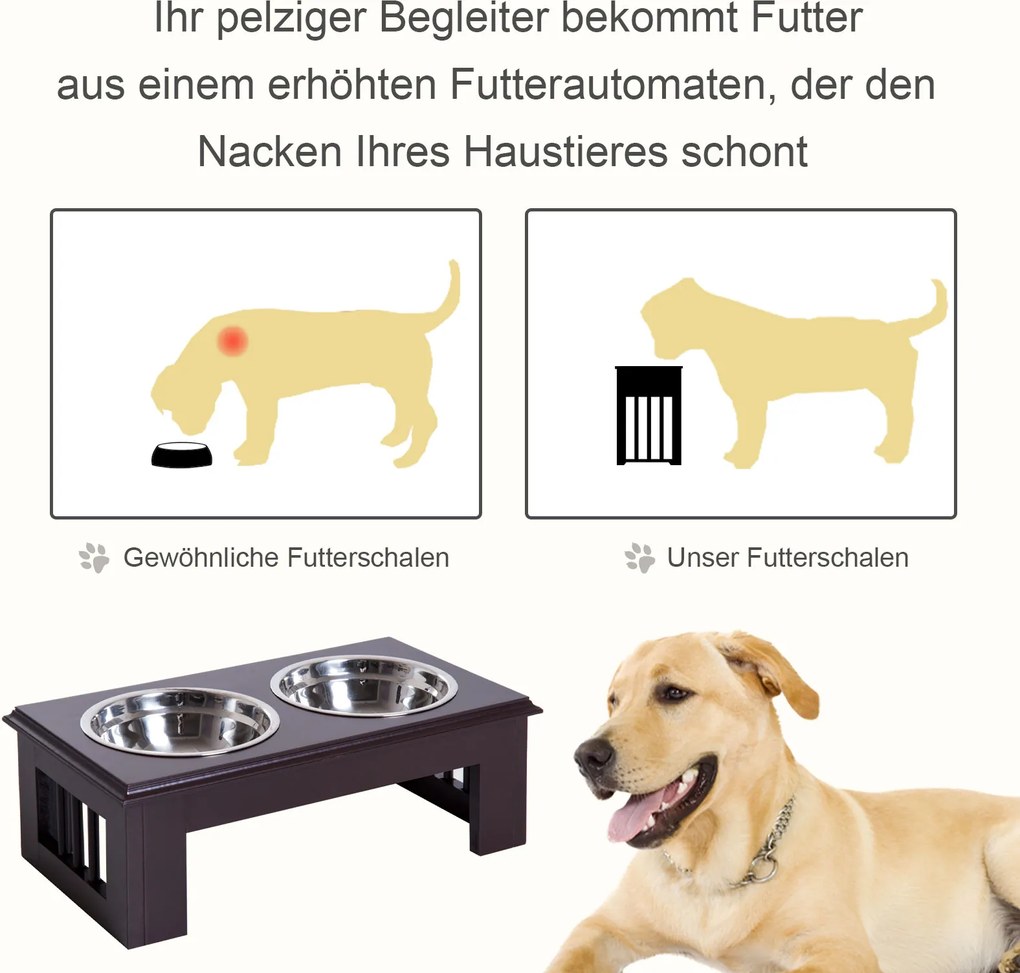 PawHut Miski Podwyższone dla Zwierząt 2 Miski Stal Szlachetna MDF Kawowy dla Psów i Kotów | Aosom PL
