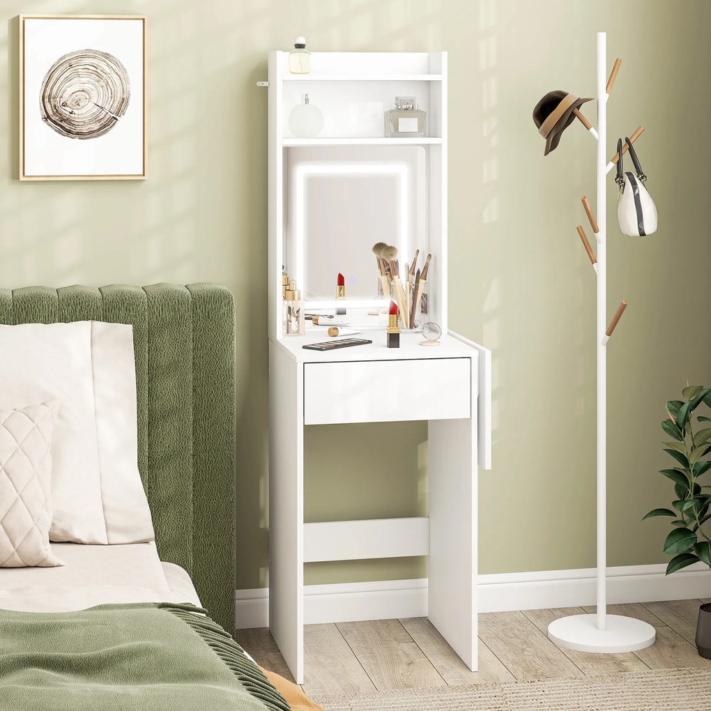 HOMCOM Kompaktowa toaletka z lustrem i oświetleniem LED, składany blat, otwarte półki, szuflada, MDF, Biała