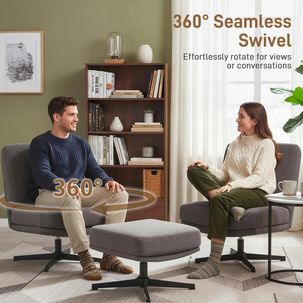 HOMCOM Fotel z podnóżkiem obrotowy, lounge w lnianej tkaninie do salonu, ciemnoszary | Aosom PL