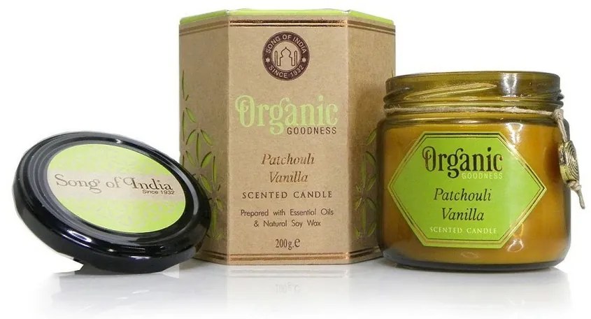 Naturalna sojowa świeca zapachowa Patchouli Vanilla 200 g w bursztynowym szkle