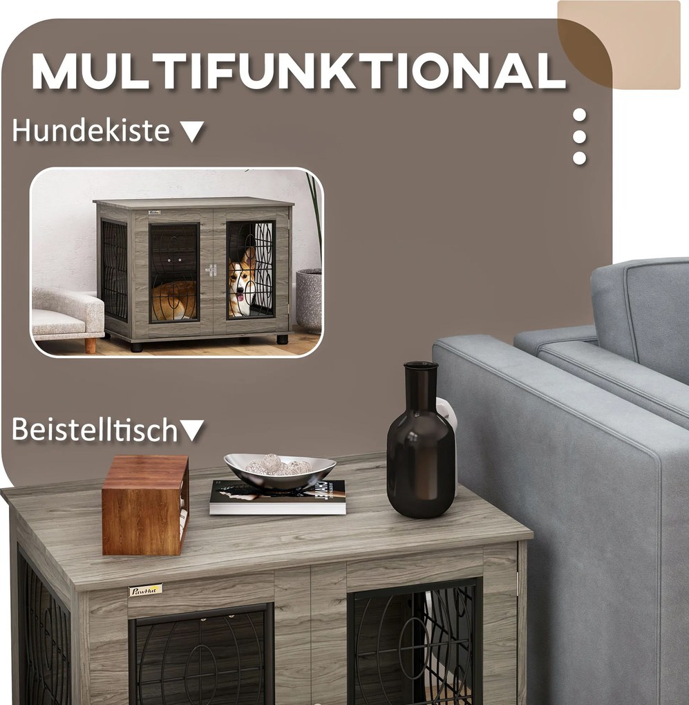 PawHut Klatka dla psów z miękką poduszką, do 20kg/50cm długości ciała, Metal, 80x56x63cm, Szary/Dekor drewna