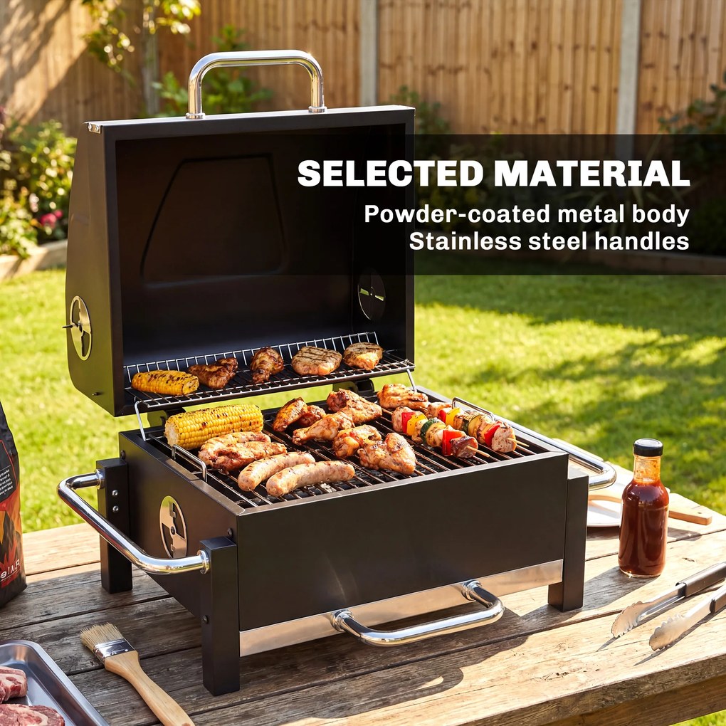 Outsunny Grill na węgiel drzewny ze stali przenośny BBQ Smoker z pokrywą regulowanymi otworami wentylacyjnymi dwupoziomowy pojemnik na węgiel termometr | Aosom PL