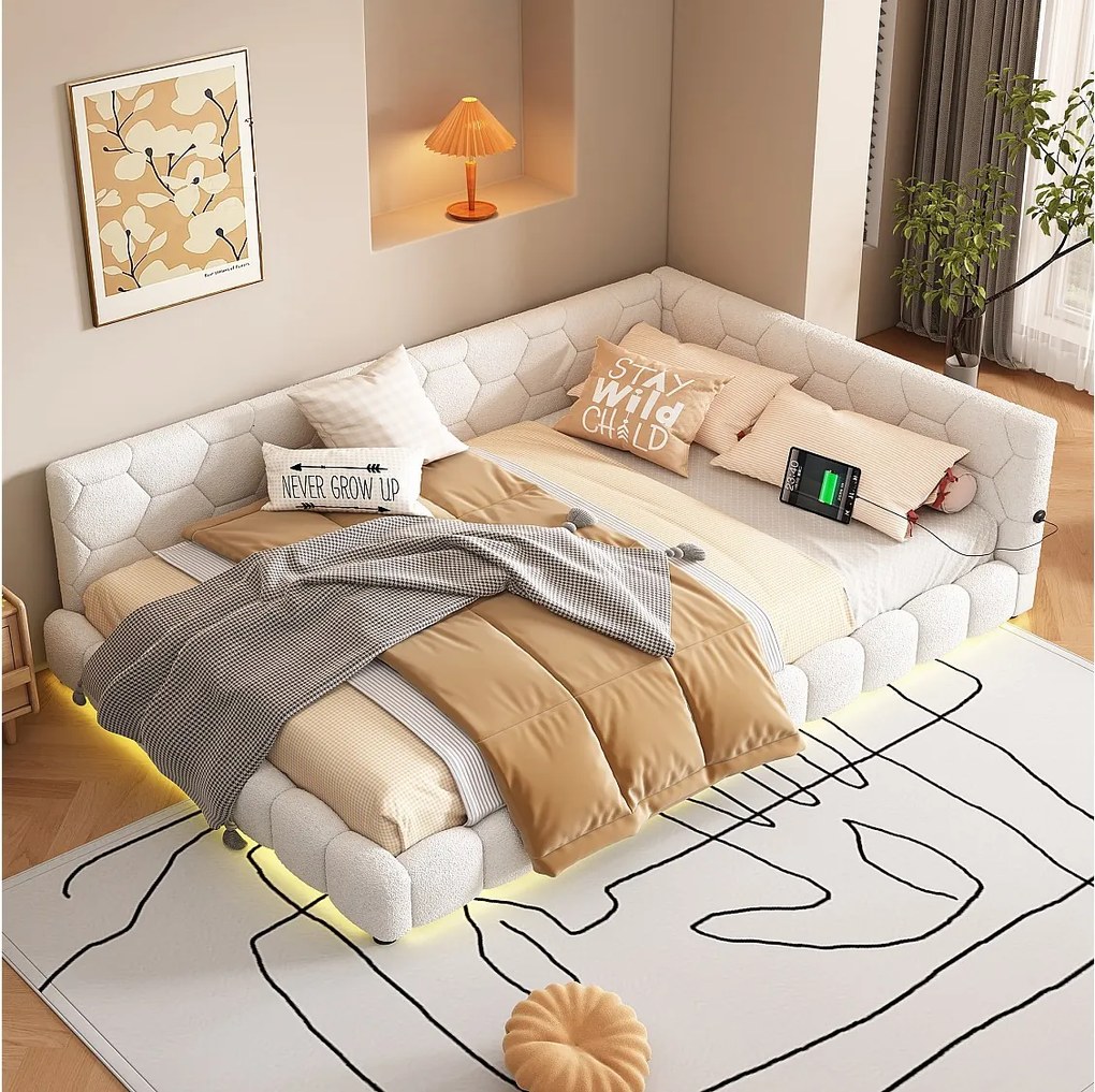 Łóżko tapicerowane 140 x 200 cm z zagłówkiem dla dorosłych - LED + port USB - Tkanina pluszowa - Białe