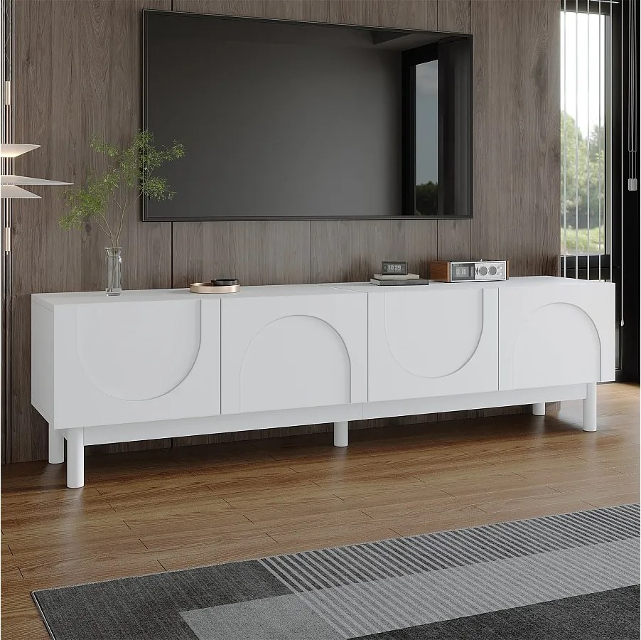 Biały stojak pod telewizor - 4-drzwiowy stojak pod telewizor z nogami z litego drewna - konstrukcja bezuchwytowa