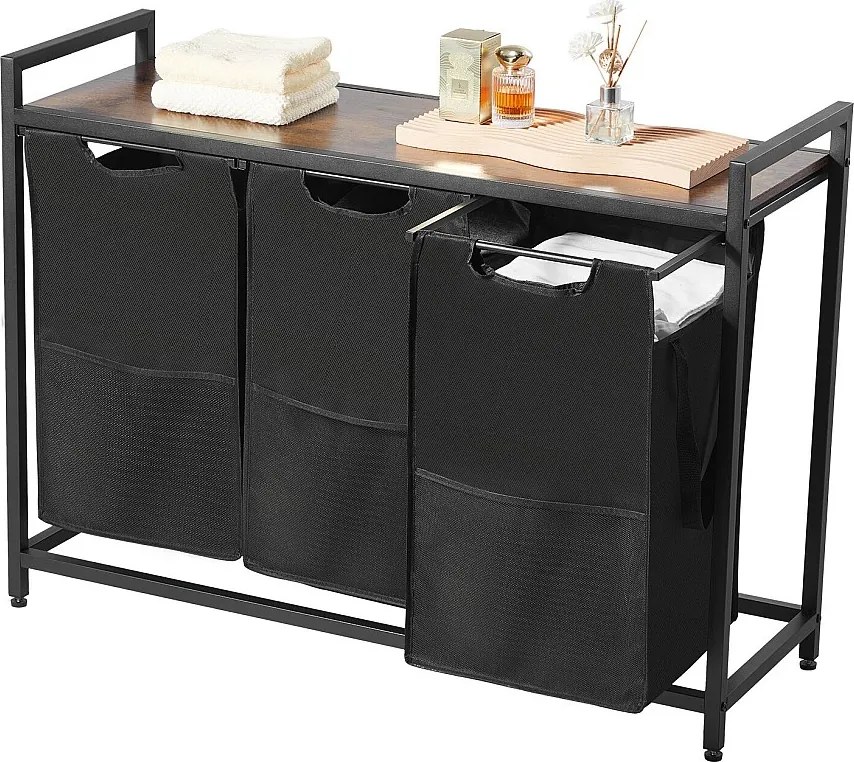 Kosz na Pranie SucceBuy Kosz na Pranie z 3 Przegródkami, Organizer na Pranie z Wyjmowanymi Workami z Tkaniny Oxford 600D, Metalową Ramą i Drewnianym Blatem