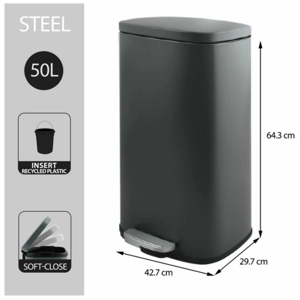 Spirella Kosz na śmieci z pedałem soft-close Akira 50 l, matowy szary, 50 l