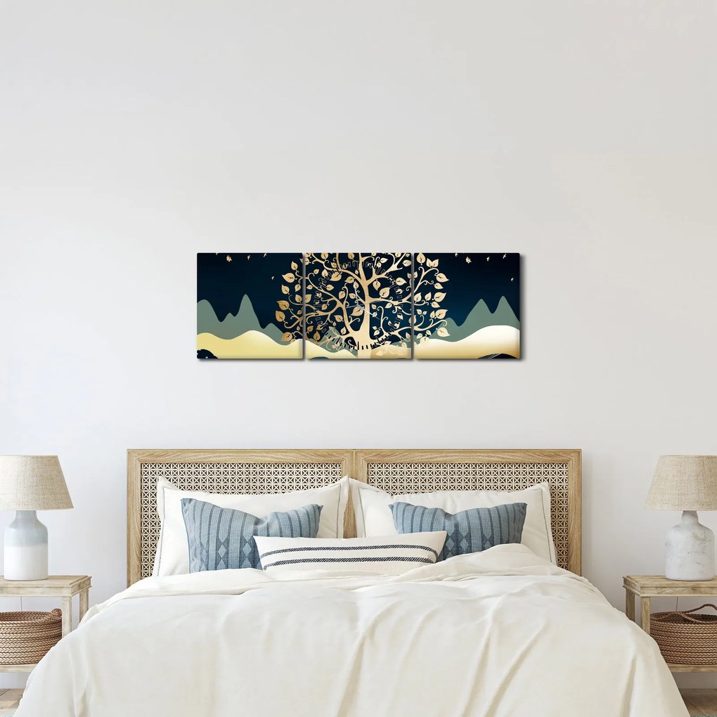 Obraz złotego drzewa (z zegarem) (90x30 cm)