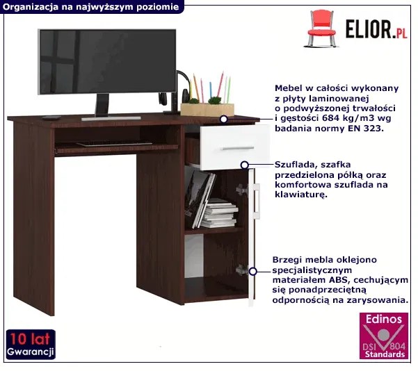 Biurko z szufladą na klawiaturę wenge + biały - Cino 2X