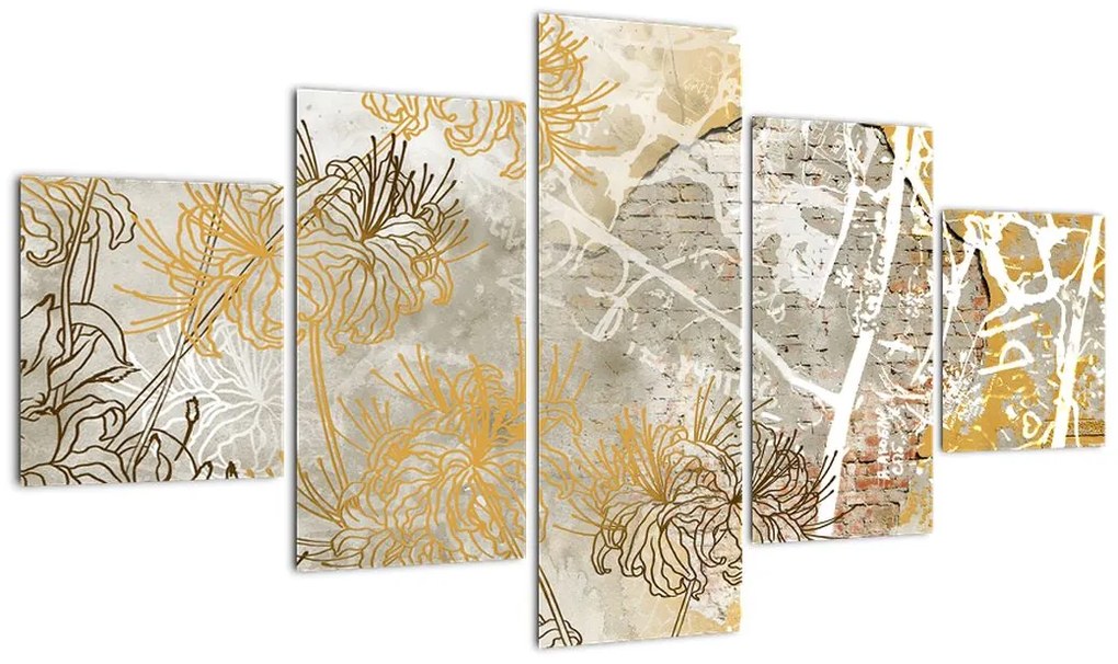 Obraz - Ściana w stylu vintage z kwiatami (125x70 cm)