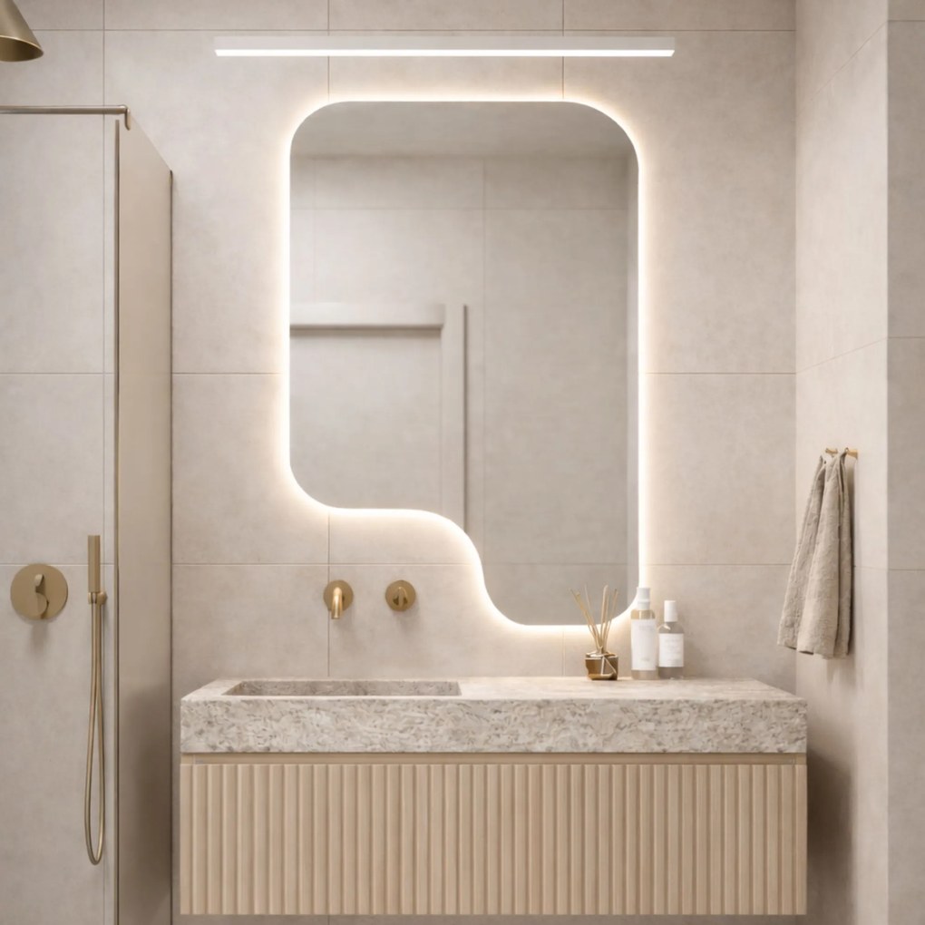 Lustro o nieregularnym kształcie oszlifowane z podświetleniem LED BLOOM Round | Różne rozmiary | Różne kolory : Kolor tafli szkła - Srebrny, Rozmiar - 50x160 cm