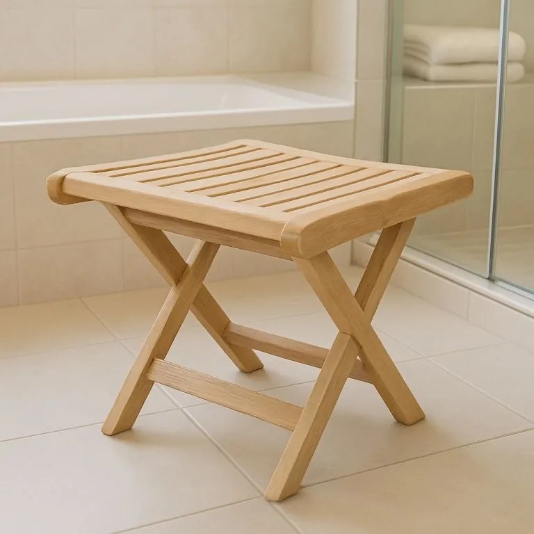 Składany stołek z drewna tekowego do łazienki i przedpokoju
