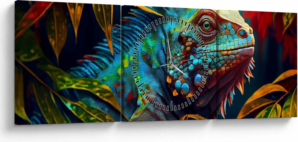 Obraz - Kolorowa iguana (z zegarem) (90x30 cm)