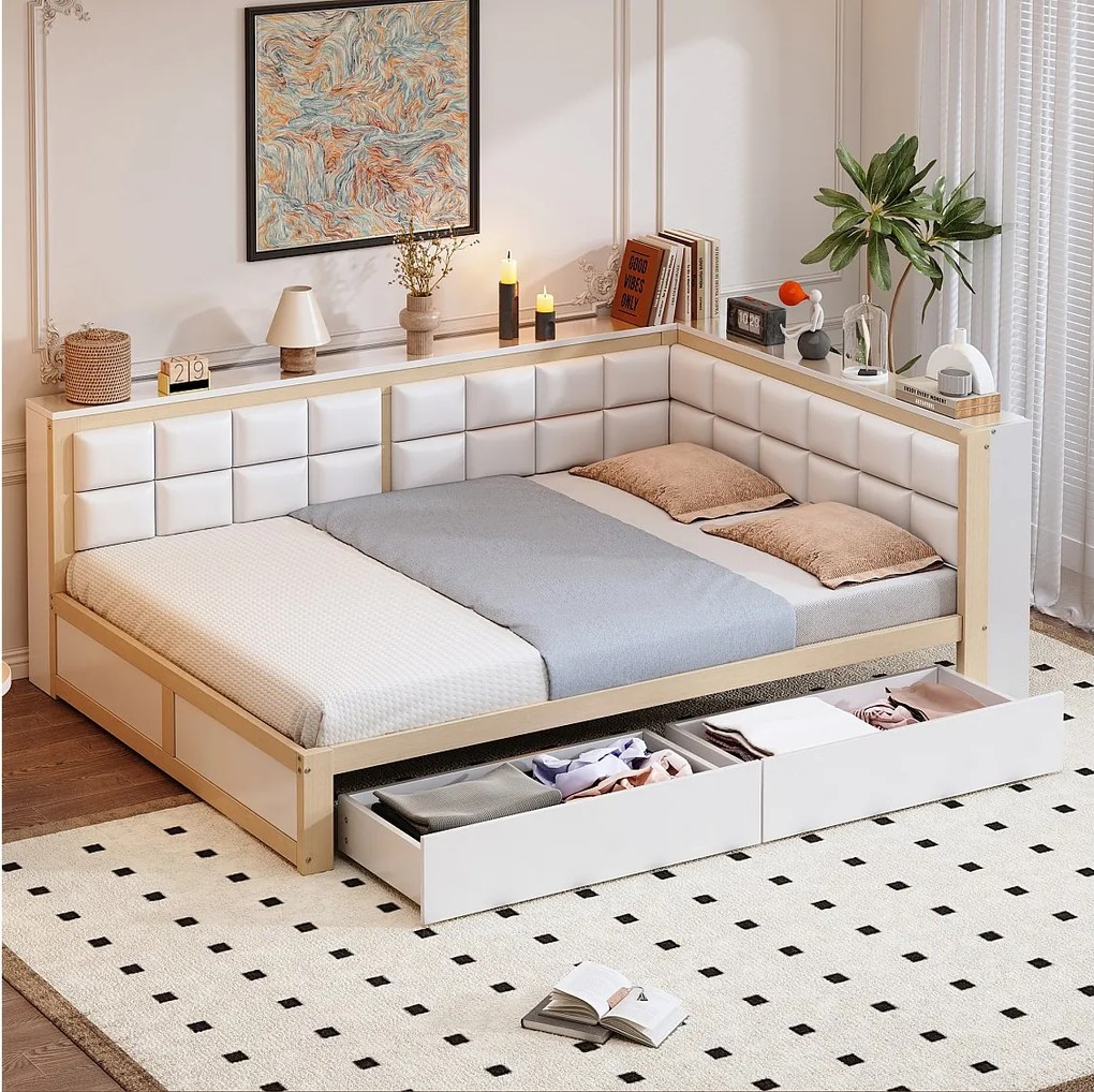 Łóżko dzienne 140x200 cm - z 2 szufladami i stelażem - białe i drewniane - materac nie jest wliczony w cenę