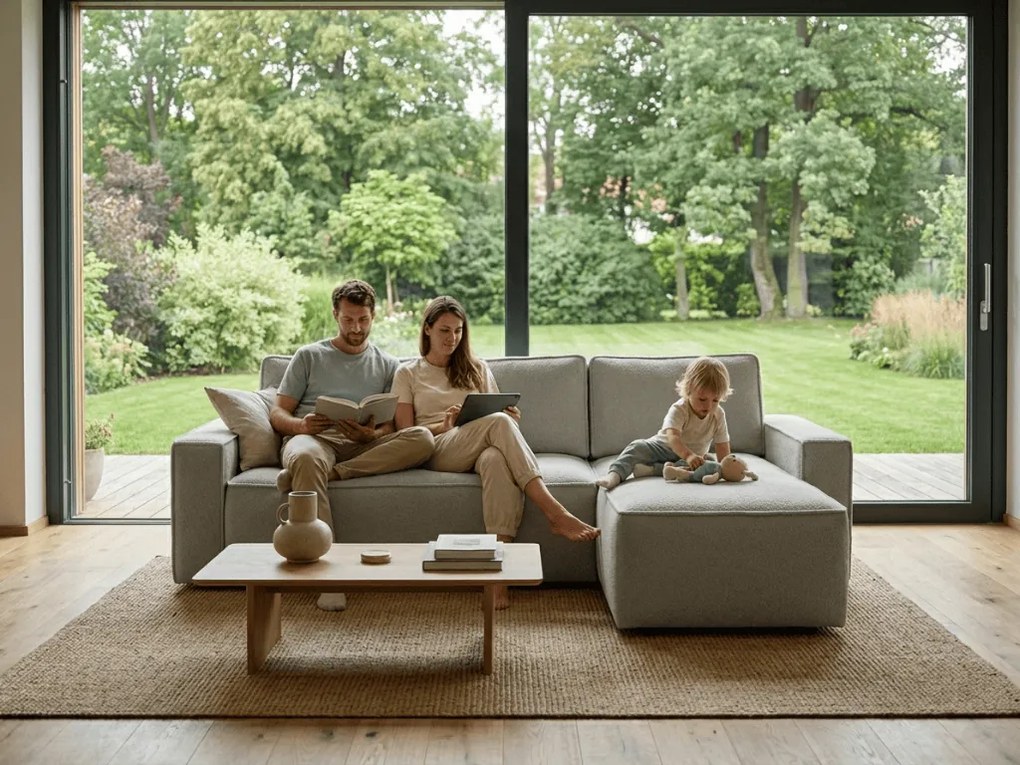 Rozkładana narożna sofa SMART BOUCLE 232x143 cm, szarobeżowa, uniwersalna