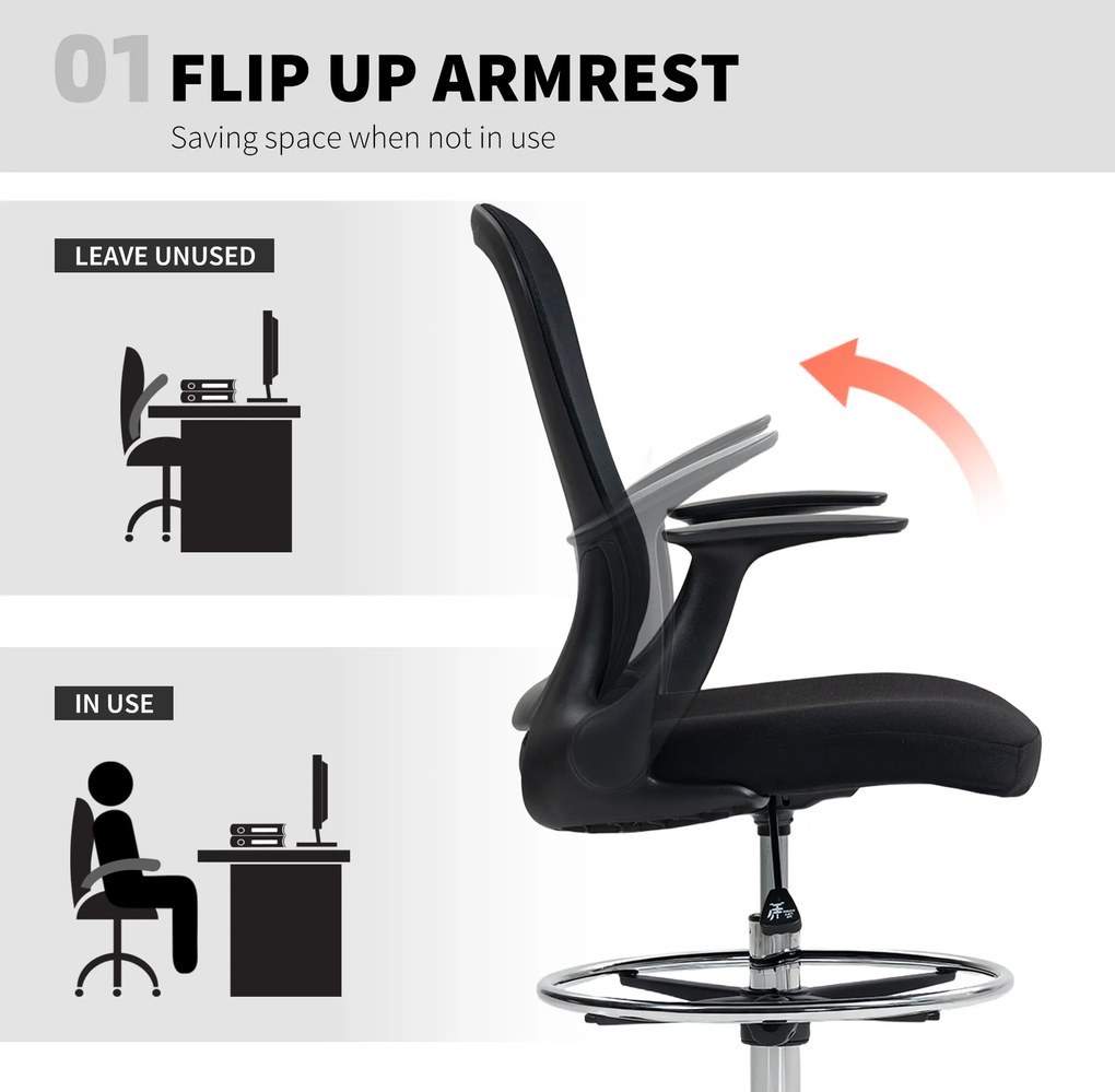 HOMCOM Fotel biurowy Regulacja wysokości Krzesło biurkowe z regulowanym pierścieniem podnóżka, podparciem lędźwiowym, 62 x 59 x 119 cm, Czarny