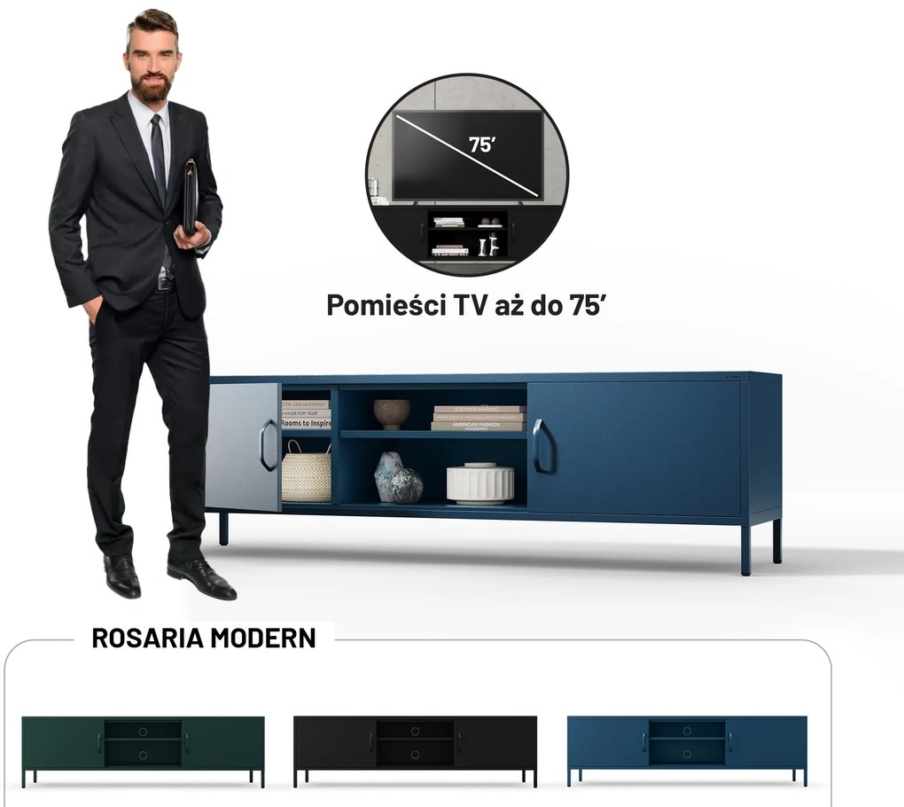 Szafka RTV metalowa szeroka XL na nóżkach granatowa, 1700x400x500 mm: ROSARIA