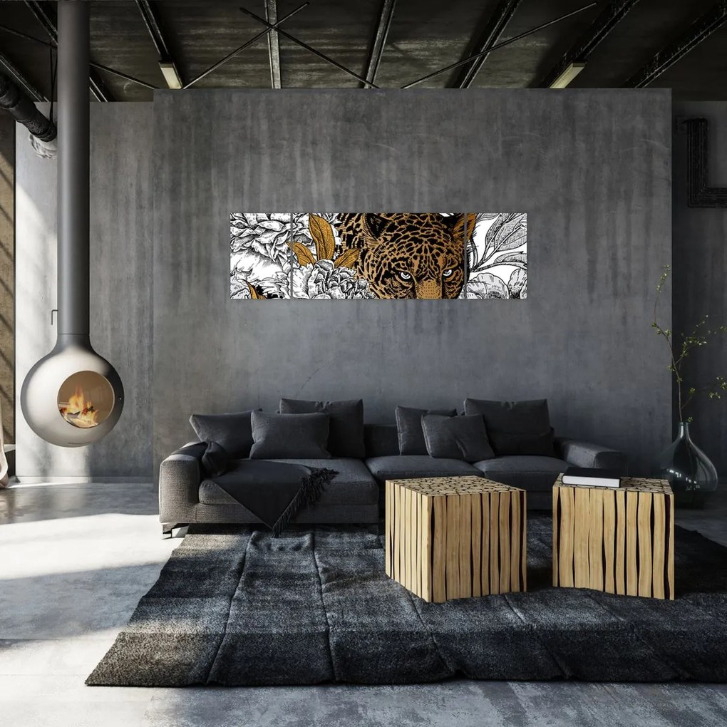 Obraz - Lampart pośród kwiatów (170x50 cm)