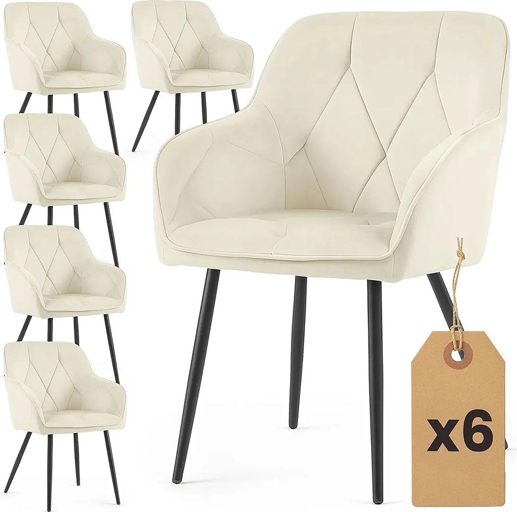 Zestaw 6 kremowych krzeseł welurowych na czarnej podstawie K2-A65