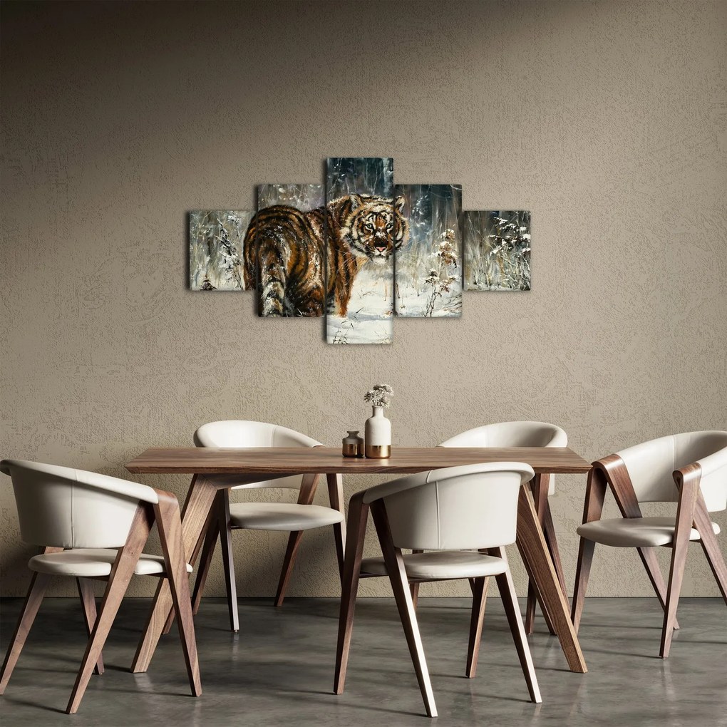 Obraz - Tygrys w zaśnieżonym lesie, obraz olejny (125x70 cm)