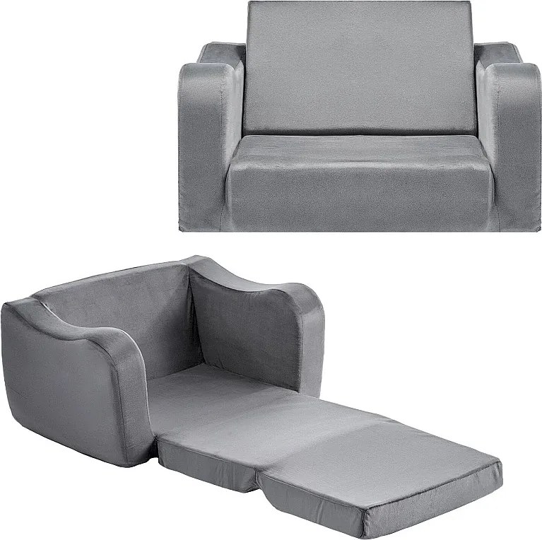 Kanapa dla Dzieci SucceBuy 2-w-1 Przekształcana w Leżankę, Składane i Miękkie Łóżko Kanapowe, z Podłokietnikami, z Gąbki 28D i Krótkim Włosiem, Szary, M