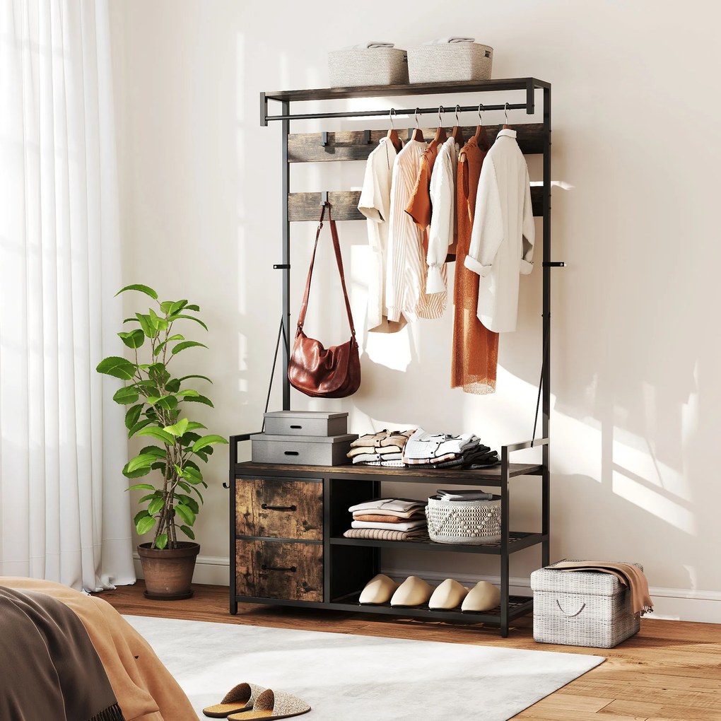 HOMCOM Stojak na ubrania 6 w 1 z ławką i regałem na buty, styl przemysłowy, 10 haków, 2 szuflady z tkaniny, metal, Brązowy
