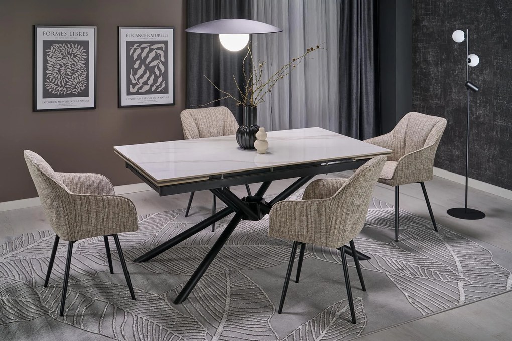 Stół do Jadalni rozkładany spiek biały marmur czarne nogi 160-220/90/75 VITORINO